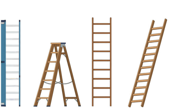 Ladder Vector Set with Wooden and Metal Step Ladders, Extension and Straight Ladder Designs for Construction, Home Improvement, and Safety Illustrations