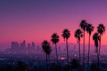 a purple sunset sky with the los angeles skyline in view