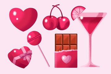 Valentines Day romantic sticker set with hearts, bear, and couple icons.