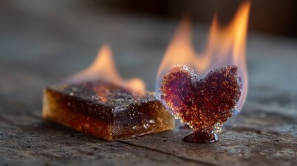 Flaming heart rising from spicy candy, symbolizing intense love, heat and passion, bold red tones and fire energy, playful romantic concept with minimal composition and strong emotional visual impact