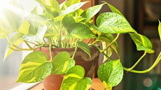 A vibrant pothos plant with green and yellow variegated leaves displays fresh water droplets.