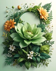 Floral arrangement light green backdrop with a central green lotus-like flower & orange daisies, encircled by foliage