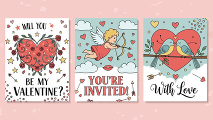 Three charming Valentine's Day greeting cards featuring romantic illustrations and text, perfect for expressing love and invitations.