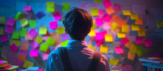 kid with colorful sticky notes  background