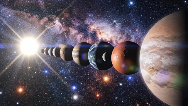 Solar System Planets Alignment - An artistic illustration of the planets aligned in the solar system against a backdrop of stars and galaxies.