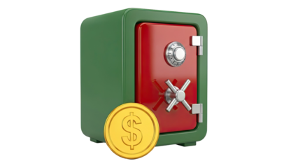 3D Render of a Green and Red Safe with a Gold Dollar Coin