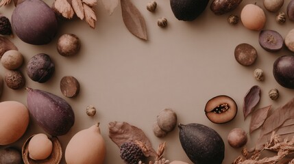 Eco-friendly Food Branding Background Featuring Various Fruits and Vegetables on a Muted Surface With Ample Negative Space