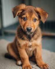 baby puppy sitting calmly in shelter room, adoption readiness theme