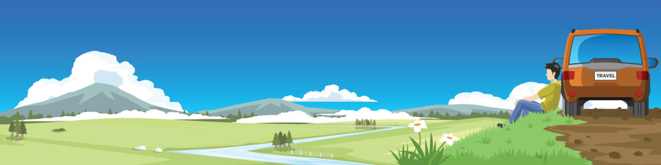 Young man traveler sitting on grass near orange SUV car looking at beautiful mountain landscape with river. Summer road trip vacation and adventure travel concept vector illustration.