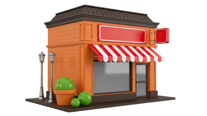 3D Rendering of a Cartoon Shop with Red and White Awning