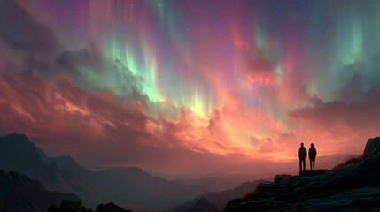 Fototapeta premium The couple standing on a rock against stars with a northern light. time lapse