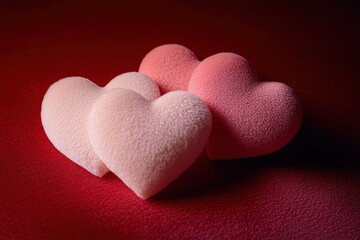 Fototapeta premium four soft textured heart shapes in pale pink and coral on a red surface conveying warmth and romance