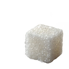 A close-up photograph of a single sugar cube with a transparent background. The sugar cube appears crystalline and reflective under light.