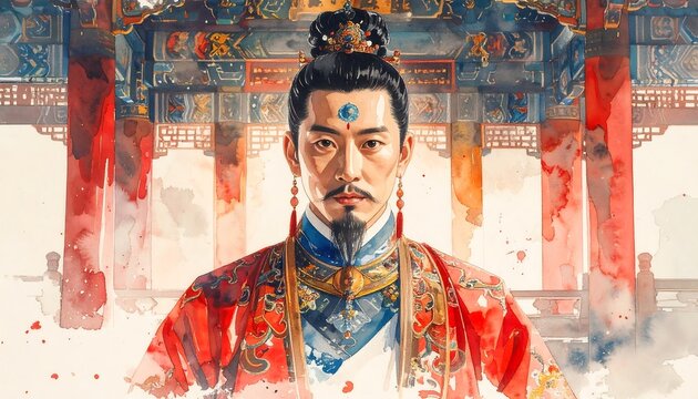 Elaborate watercolor portrait of an asian emperor with a red robe, beard and regal crown