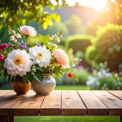Floral arrangement on wooden table with a lush garden background bathed in golden sunlight