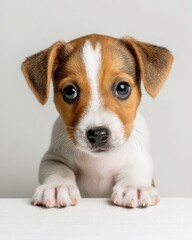 baby puppy sitting low in frame, large empty space above, clean studio background