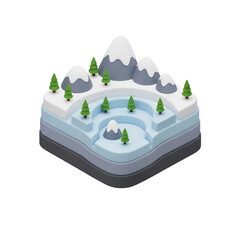 Snowy mountain landscape with trees and frozen lake