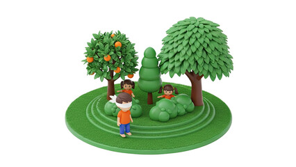 Children playing hide-and-seek in a stylized garden