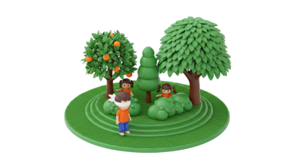 Children playing hide-and-seek in a stylized garden