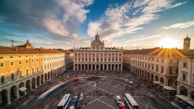 Piazza Ducale Time Lapse - A time lapse shot of the Piazza Ducale in Vigevano, Italy, depicts blurred people moving across the square with the historic Palazzo Ducale at the center, capturing the