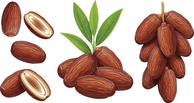 Dried Dates Fruit Vector Set with Whole and Cut Date Palm Fruits, Natural Sweet Snacks for Healthy Food, Nutrition, and Packaging Designs