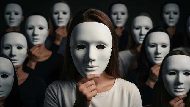A person holding a white mask in front of their face, surrounded by a crowd of people all wearing identical white masks.