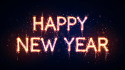 A glowing "HAPPY NEW YEAR" message with sparkler effects on a dark, starry background.