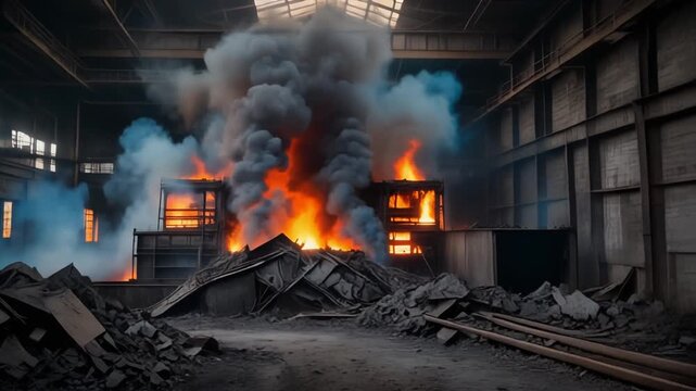 Abandoned warehouse on fire burning rubble.