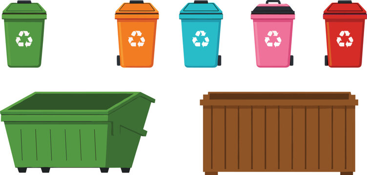 Recycling Bin and Trash Container Vector Set with Colorful Waste Sorting Garbage Cans and Industrial Dumpsters for Environmental Design Projects