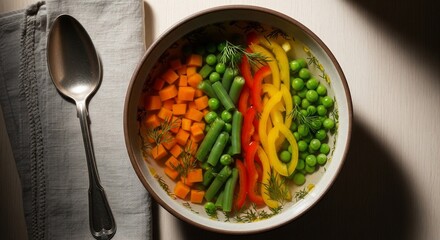 A vibrant overhead shot of a colorful vegetable soup with carrots, green beans, bell peppers, and peas, served with a spoon.