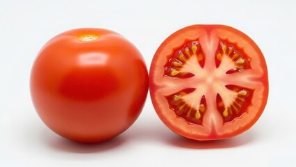 Sliced tomato revealing its interior isolated on white background