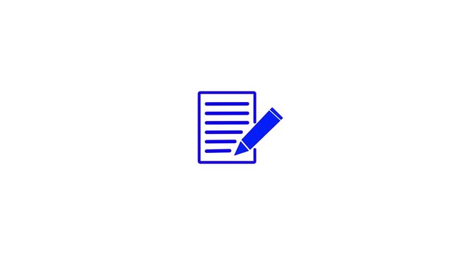 Blue icon of a document with lines and a pencil writing on a white background paper