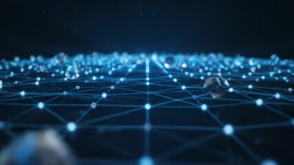 Close-up shot of a network of glowing blue lines and nodes on a dark background with a shallow depth of field, conveying a futuristic and technological mood. - Powered by Adobe