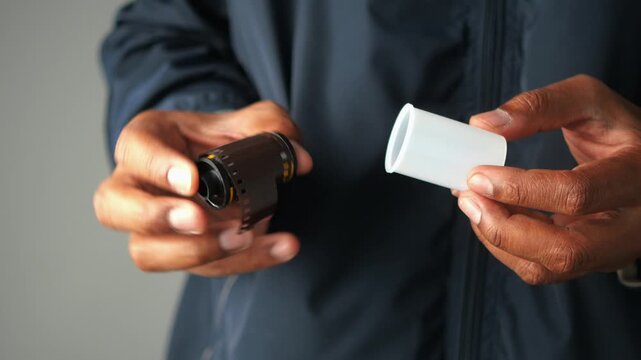 Holding a film roll and its container