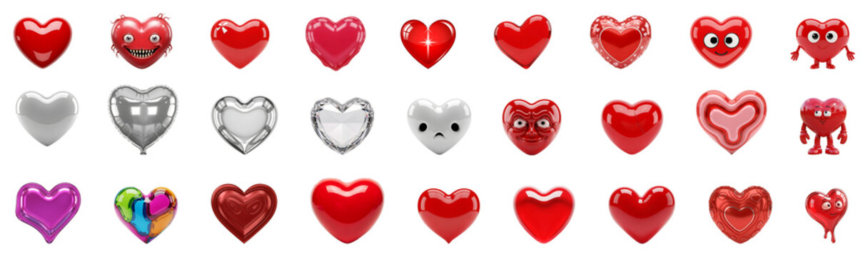 Various colorful glossy plastic werid heart on a transparent background