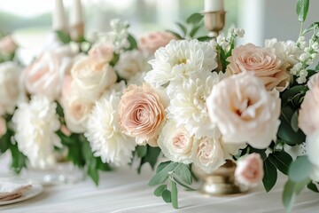 Obraz premium Romantic elegant table centerpiece of peach and white roses, white chrysanthemums, lush green foliage and gold vases bathed in soft natural light