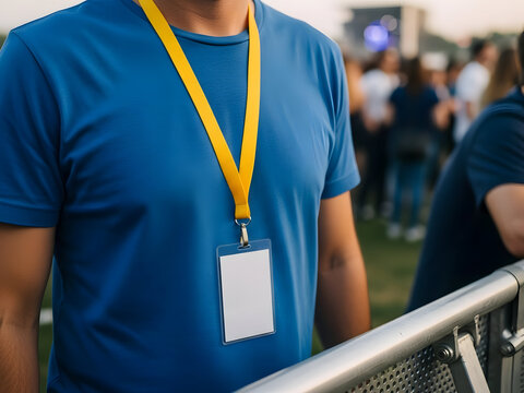 Close-up of Person Wearing Blank Yellow Lanyard with ID Badge Holder at an Outdoor Event