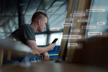 Young Man Contemplating Reviewing Adult Responsibilities on Smartphone - Financial Planning, Career Goals, and Life Milestones Concept Overlay