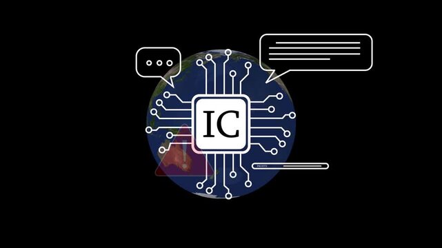 Digital Circuit Board with IC Chip and Warning Symbol on Black Background technology