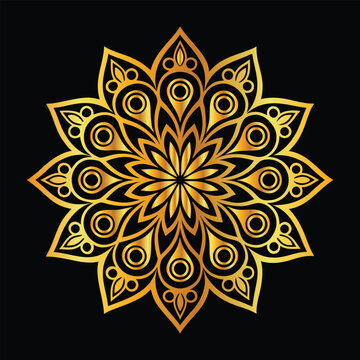Golden mandala design on blak background