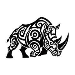 Fototapeta premium A stylized black and white tribal art illustration of a powerful rhinoceros with intricate patterns.