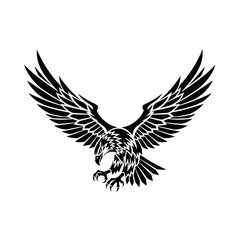 Fototapeta premium A striking black silhouette of an eagle with its wings spread wide, captured in mid-flight with sharp talons extended.