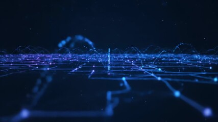 Close-up of a dark blue network visualization with glowing nodes and connections on a black background with a cinematic feel. - Powered by Adobe