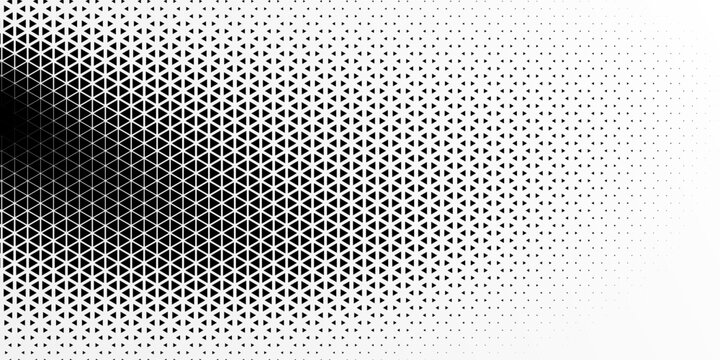 Triangular halftone background. Vector geometric technology abstract background. Halftone triangles retro pattern. Minimal 80s style dynamic tech geometric pattern.