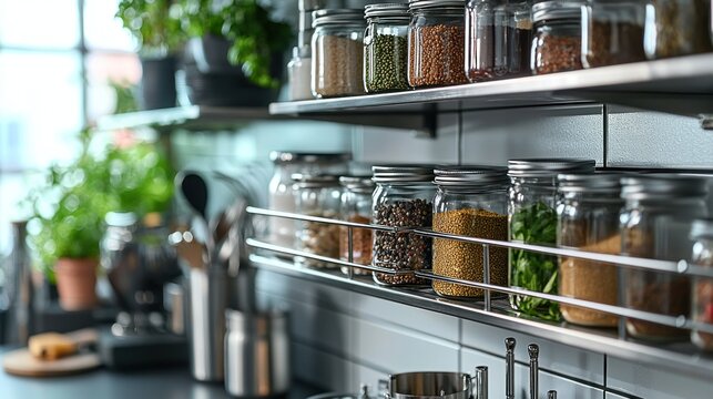 Organized kitchen pantry with glass jars