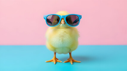 Fototapeta premium Adorable baby chick in stylish blue sunglasses on a vibrant pink and blue background, perfect for adding a playful touch to your designs, conveying fun and creativity in advertising or marketing.