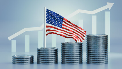 Chart of the United States Economy, Financial System and Stock Market with a Flag Among Stacks of Coins