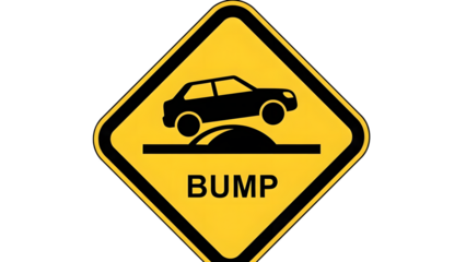 Yellow road sign with car and bump warning on white background
