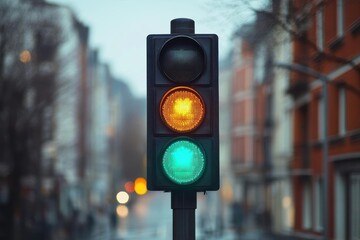 Close-up traffic light with amber and green signals glowing above a quiet, moody rainy urban street at dusk