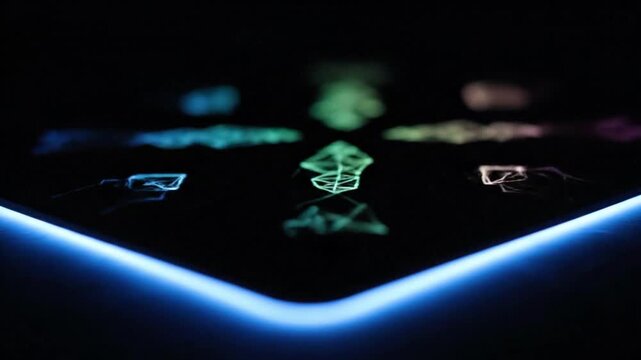 Close up on a futuristic gaming mousepad displaying vibrant abstract neon light patterns and a bright glowing blue border against a completely dark background emphasizing technology